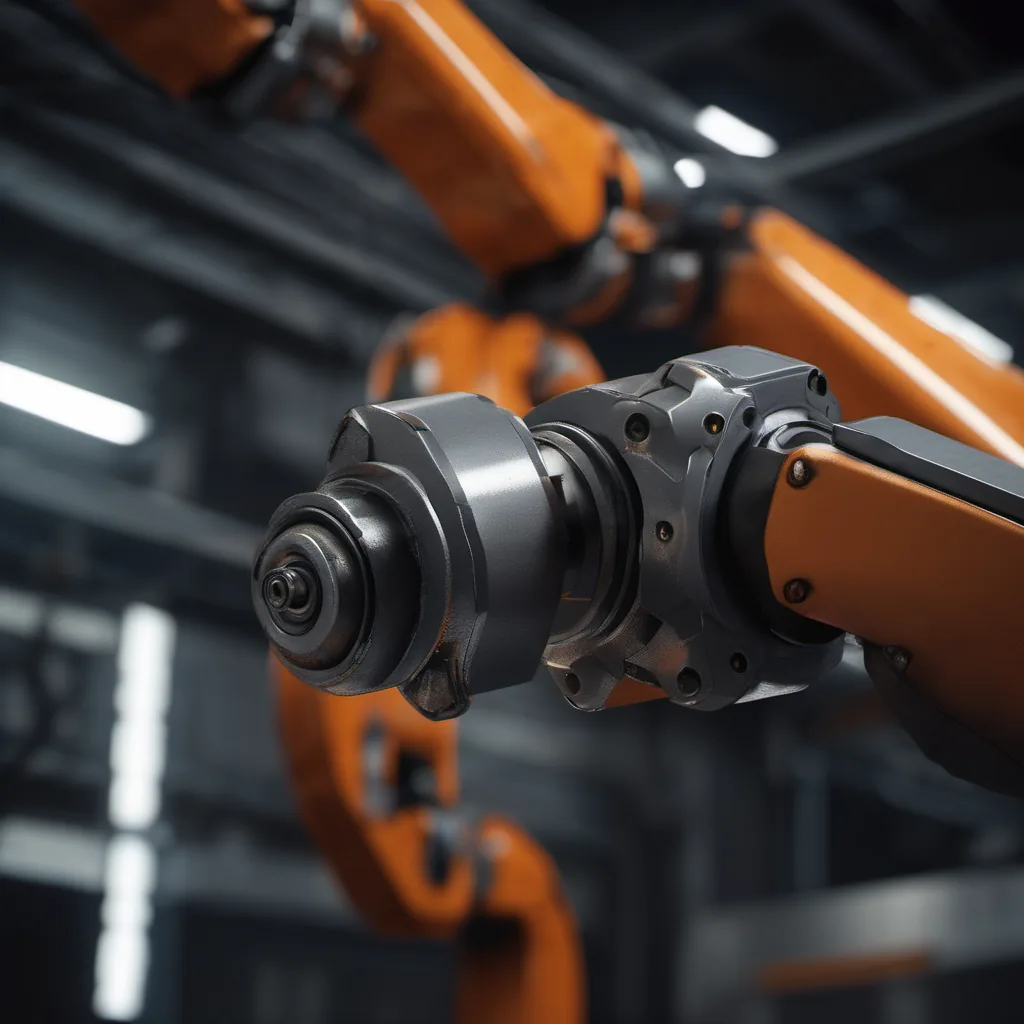 Detail eines Industrie-Roboterarms mit glühender orangefarbener Statusleuchte auf Metall