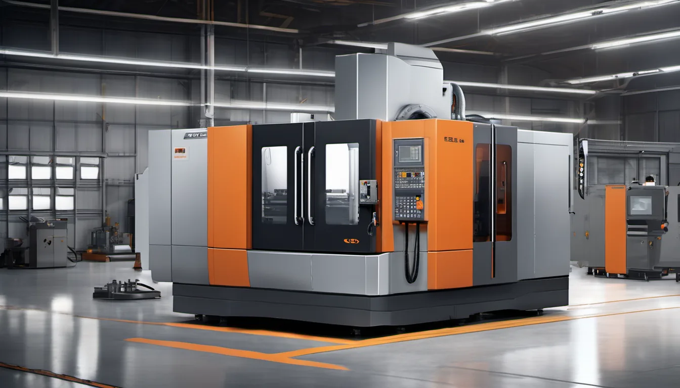 Modernes CNC-Bearbeitungszentrum in einer sauberen Industriehalle mit orangefarbenem Akzent