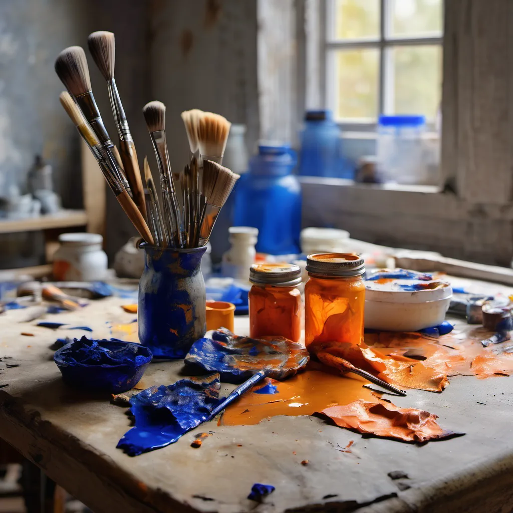 Atelier-Werktisch mit farbgetränkten Tüchern, Palettenmesser und Pinselgläsern im Fensterlicht