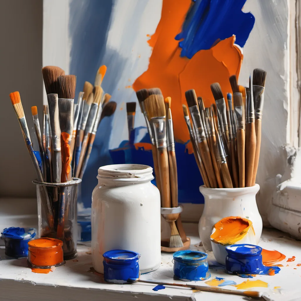 Atelierecke mit Farbtuben, Pinseln im Keramikgefäß und Palette mit kräftigen Ölfarben