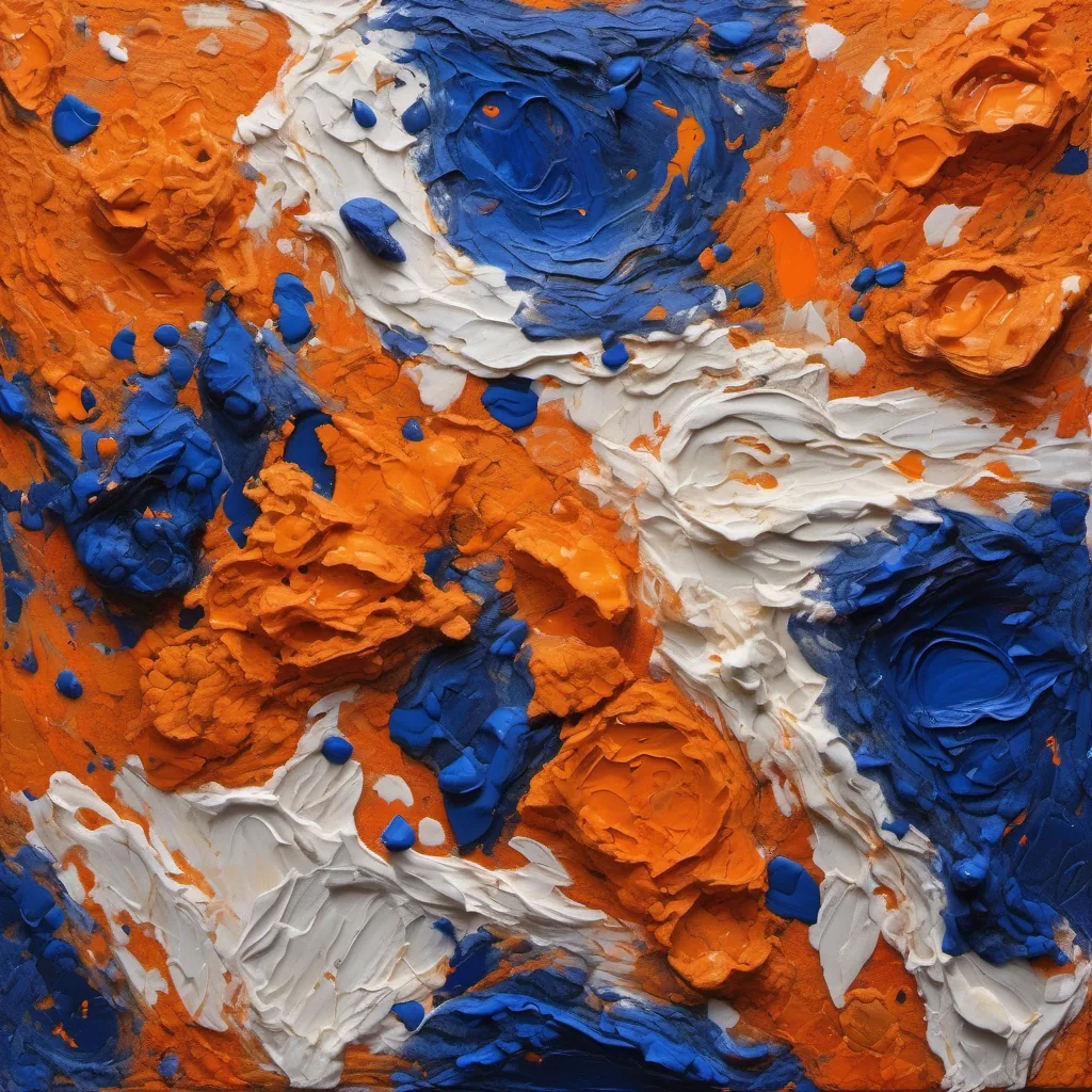 Makro einer stark strukturierten abstrakten Malfläche mit Impasto-Strichen in Blau und Orange