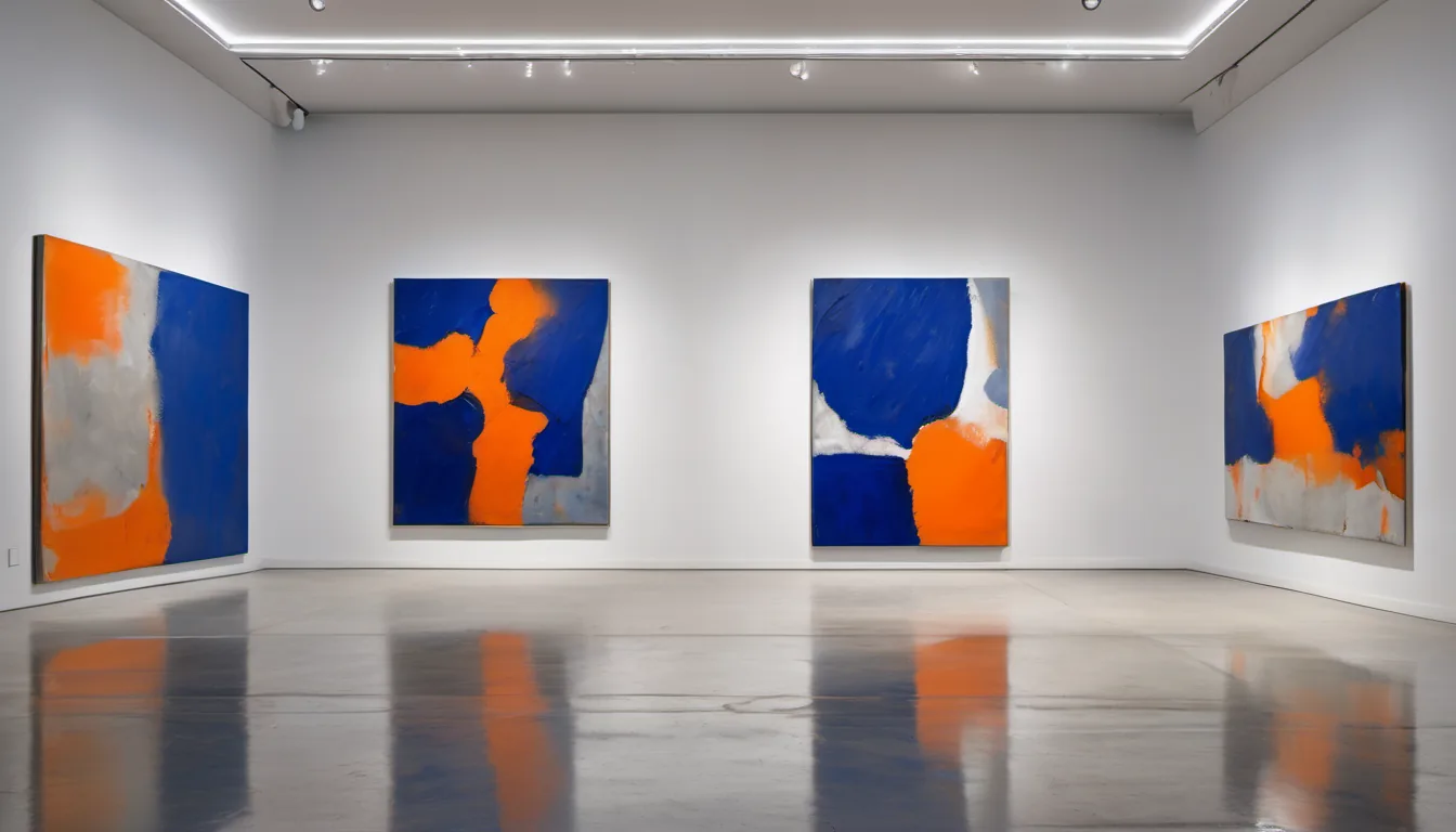 Minimalistischer Galerieraum mit großem abstraktem Gemälde in Ultramarin und Orange unter einem Spot
