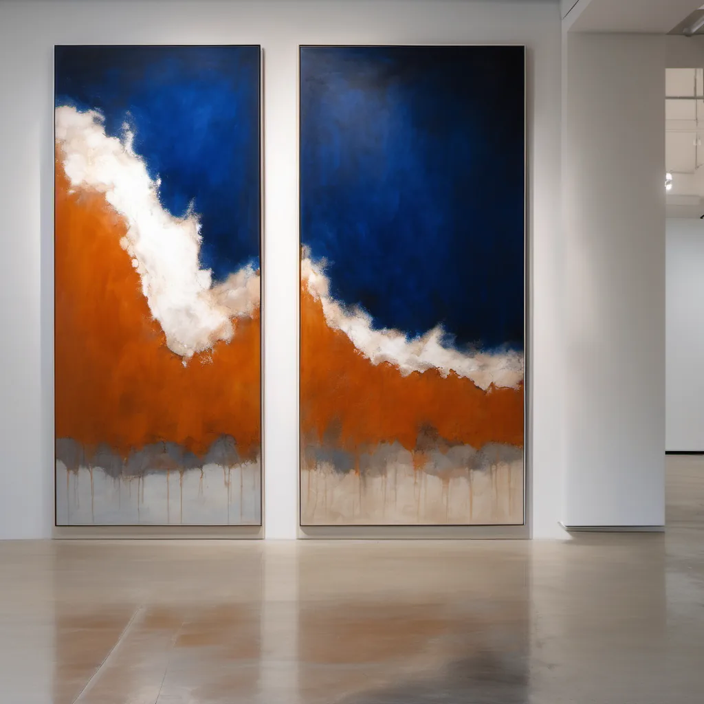 Abstraktes Diptychon mit lasierten Schichten in Blau, Orange und Creme in einer minimalistischen Galerie