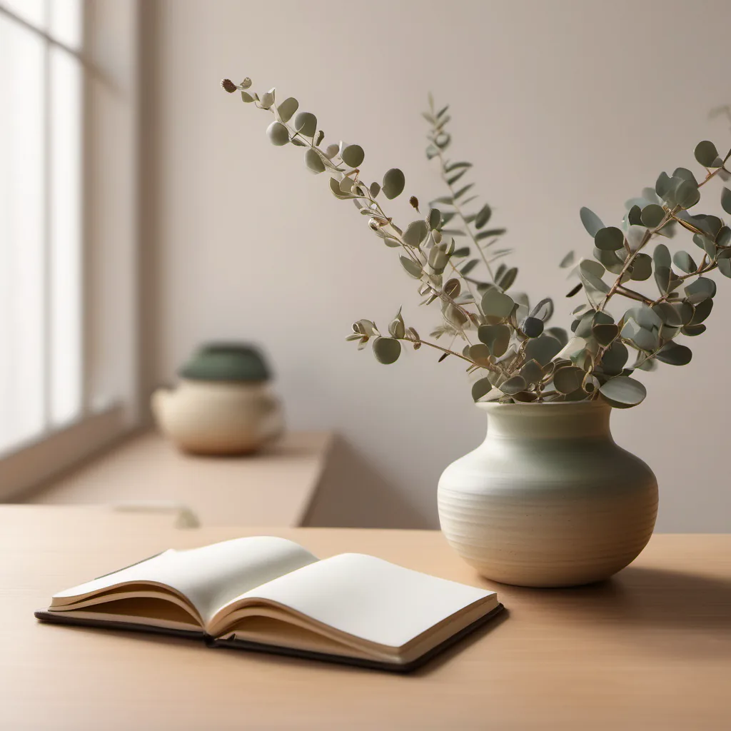 Stillleben auf einem Praxis-Empfangstresen mit Vase, Eukalyptus und Terminnotizbuch